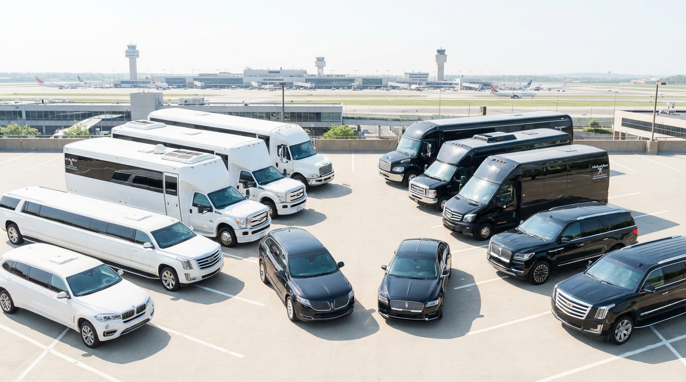 Alt Text: Luxury black vans, minibuses, and coaches neatly lined up in a parking lot near a modern airport terminal under clear skies, showcasing a complete premium transportation fleet ready for group airport transfers.